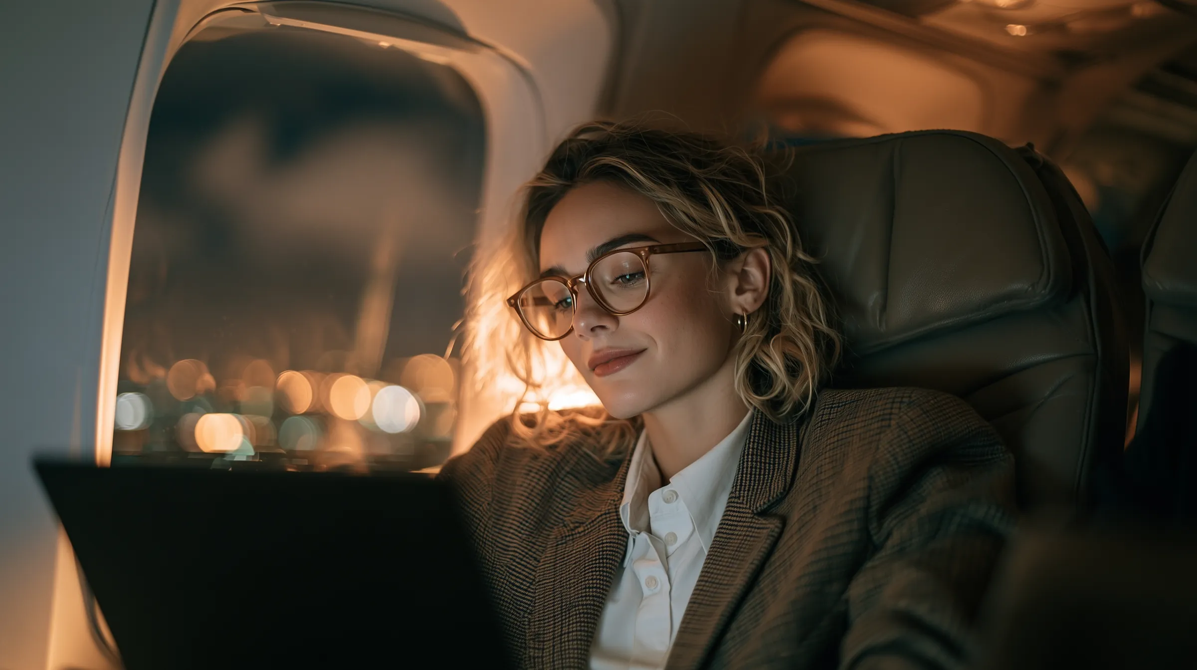 A presenter smiles at her laptop in a window seat on a night flight, city lights below